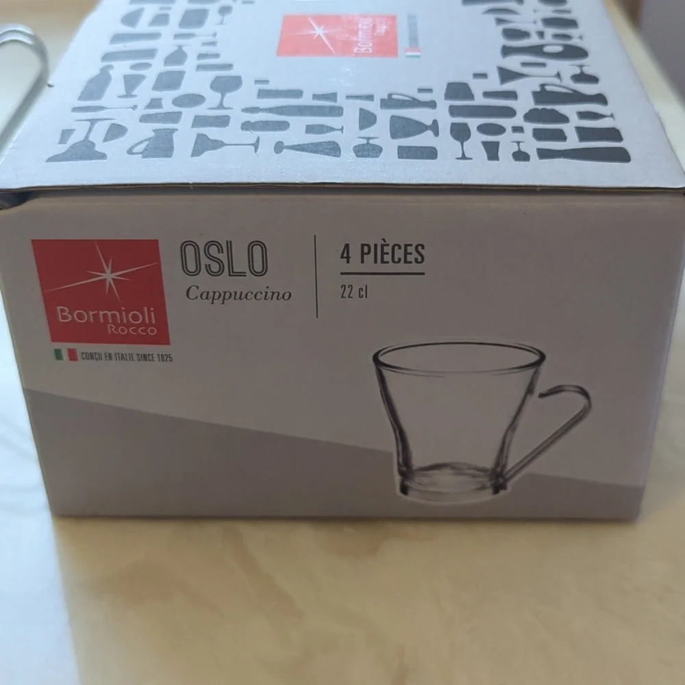 Bormioli Oslo Cappuccino Glass Cups with Silver Handles (4) NIB